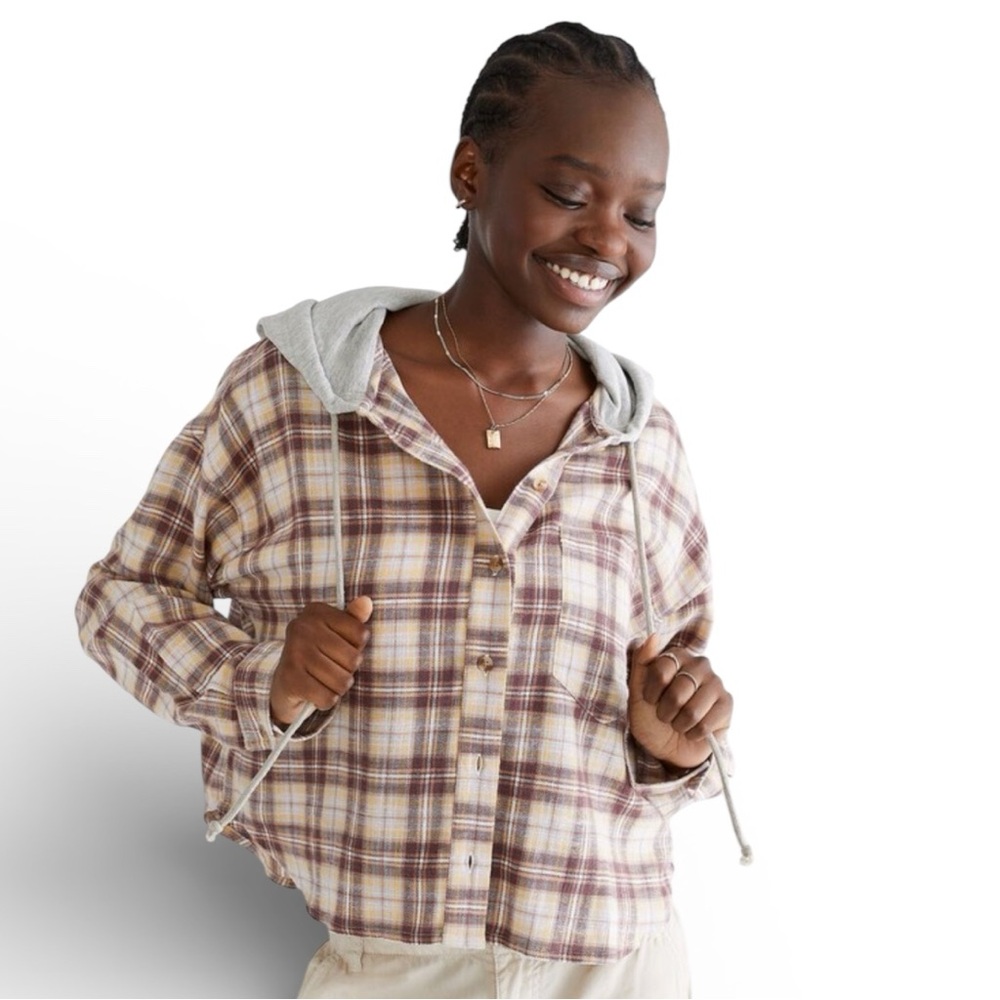 Aeropostale Long Sleeve Hooded Plaid Raw Hem Flannel Drop Shoulder Cropped Shirt